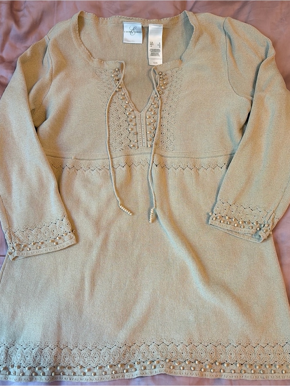 Emma James Beige Knit Tunic with Beaded Ties